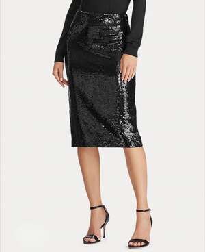 Lauren Ralph Lauren Womens L Black Sequin Pencil Skirt Lined Zip Knee Length